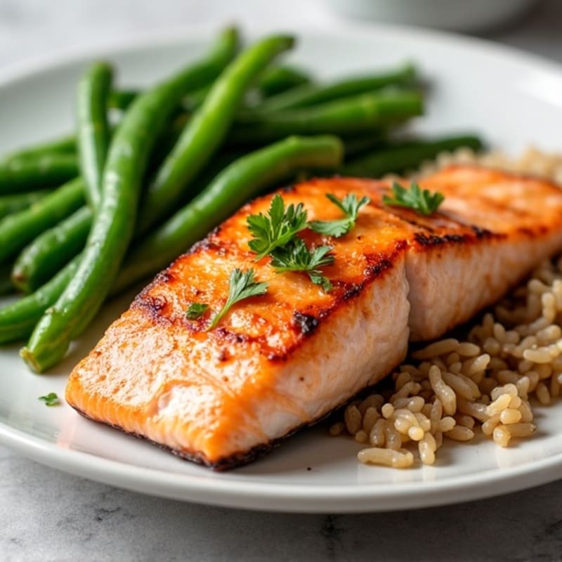 Seared Salmon Fillet with Steamed Green Beans and Brown Rice