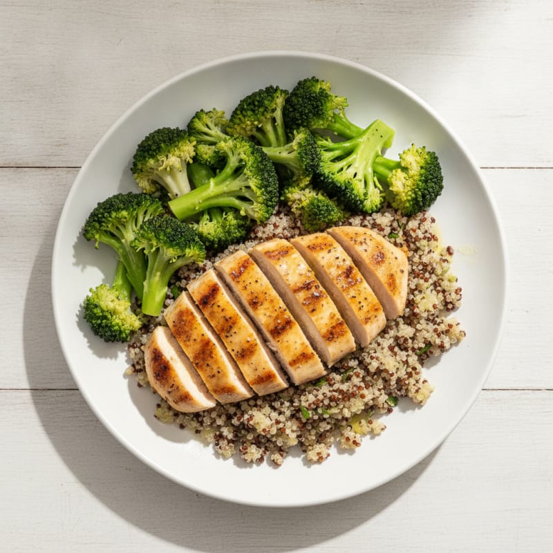 Grilled Lemon Pepper Chicken Breast with Quinoa and Steamed Broccoli