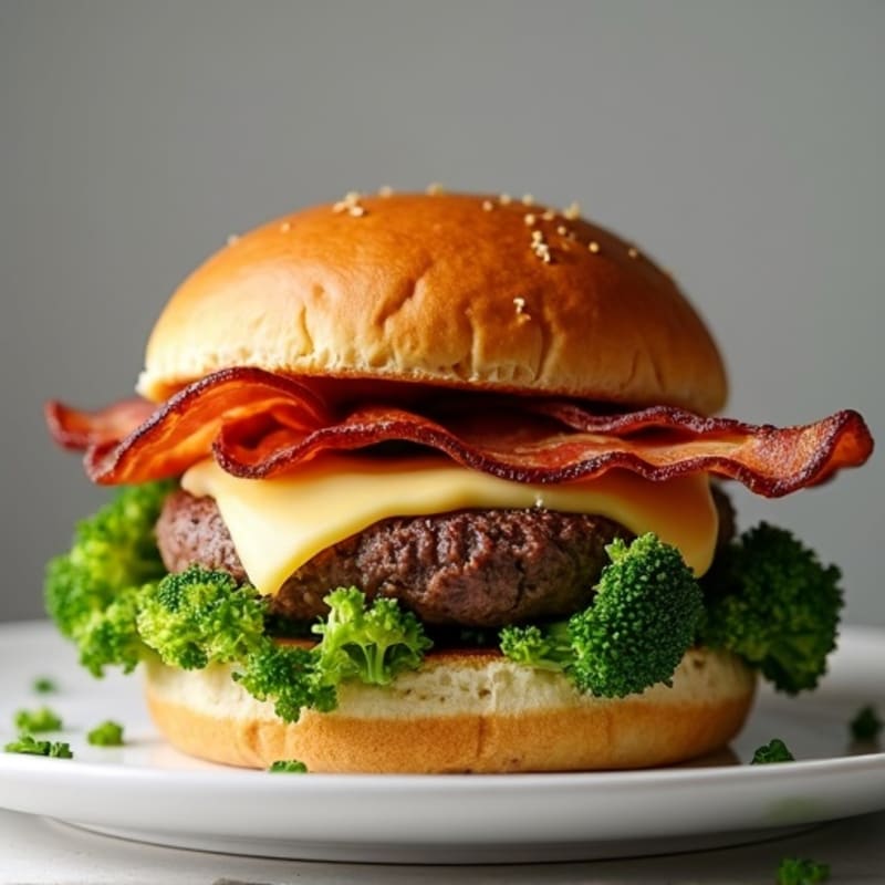Lean Beef Burger with Crispy Bacon, Melted Provolone, and Roasted Broccoli