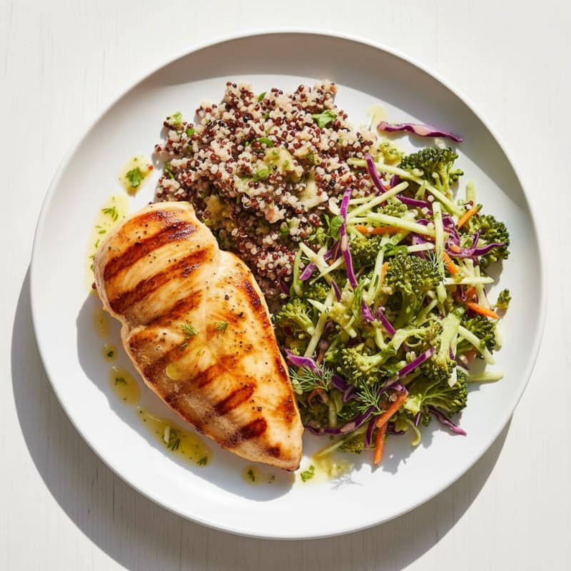 Grilled Chicken Breast with Quinoa and Crunchy Broccoli Slaw