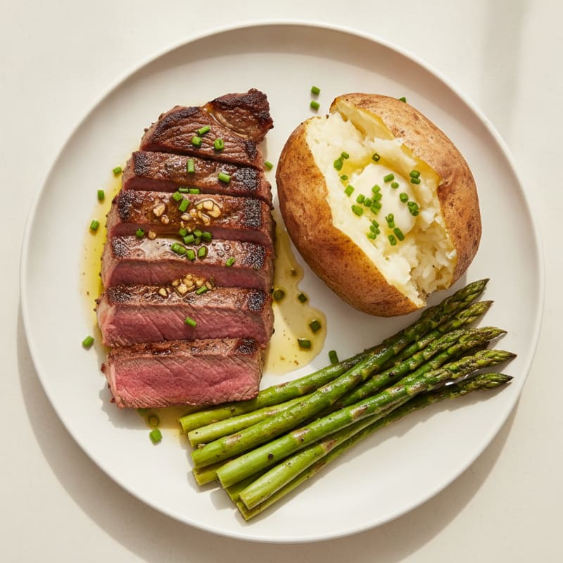 Seared Sirloin Steak with Herb-Roasted Vegetables and Baked Potato
