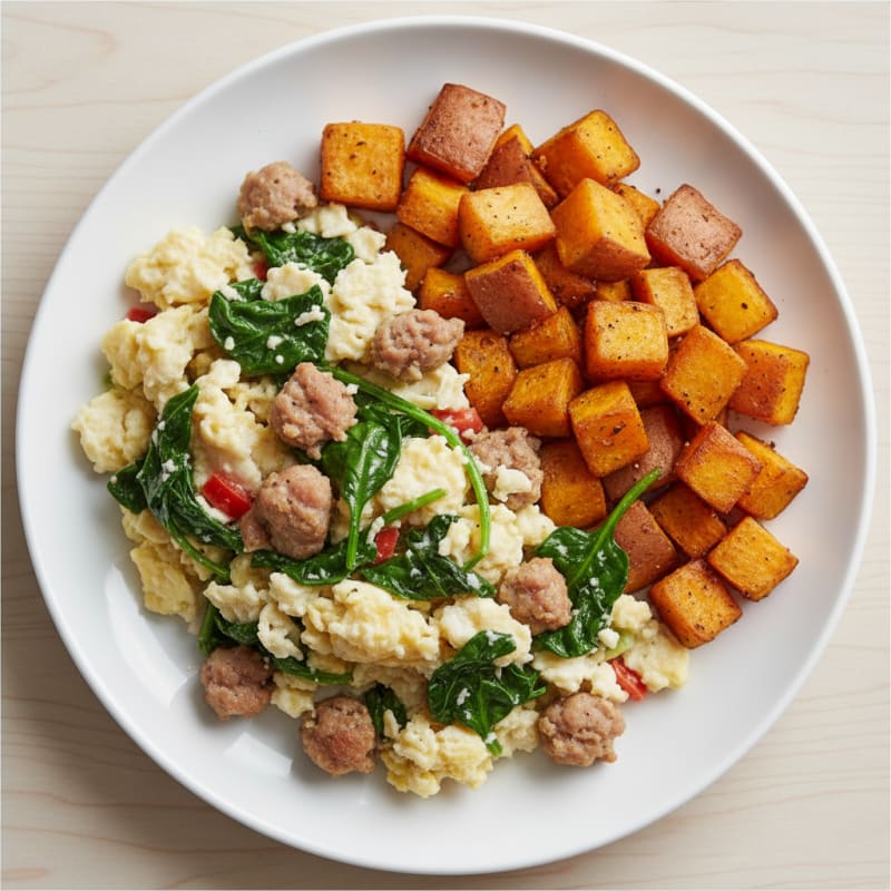 Egg White and Turkey Sausage Scramble with Sautéed Spinach