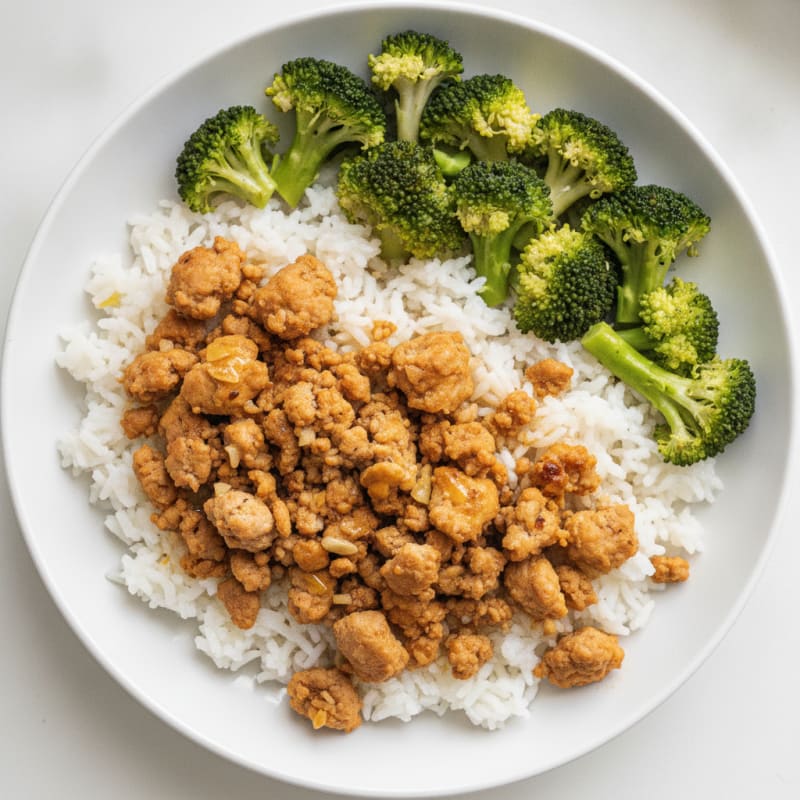 Lean Ground Turkey and Rice Bowl with Steamed Broccoli