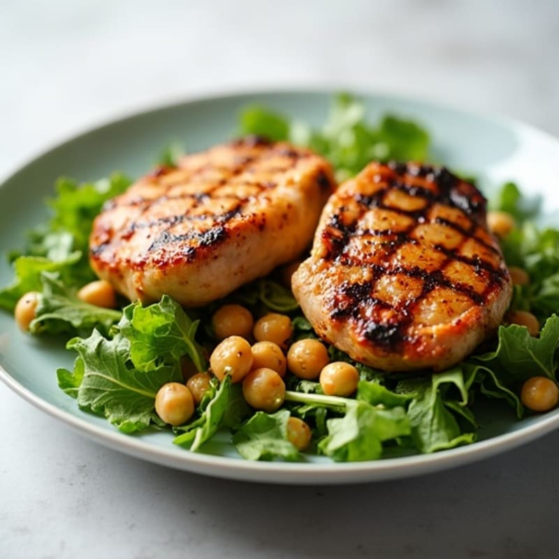 Grilled Chicken Thighs over Mixed Greens with Chickpeas