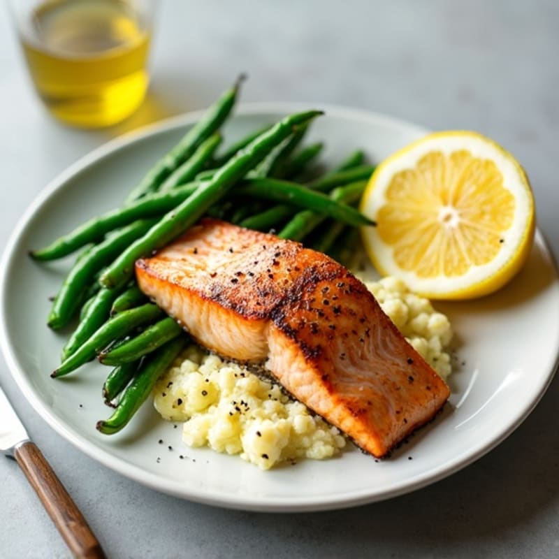 Seared Salmon with Steamed Green Beans and Garlic Cauliflower Mash