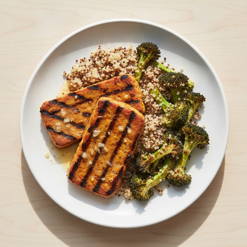 Grilled Tempeh with Roasted Broccoli and Quinoa