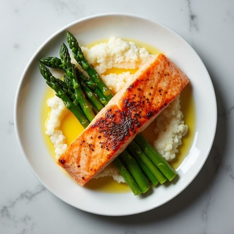 Seared Salmon with Steamed Asparagus and Cauliflower Mash