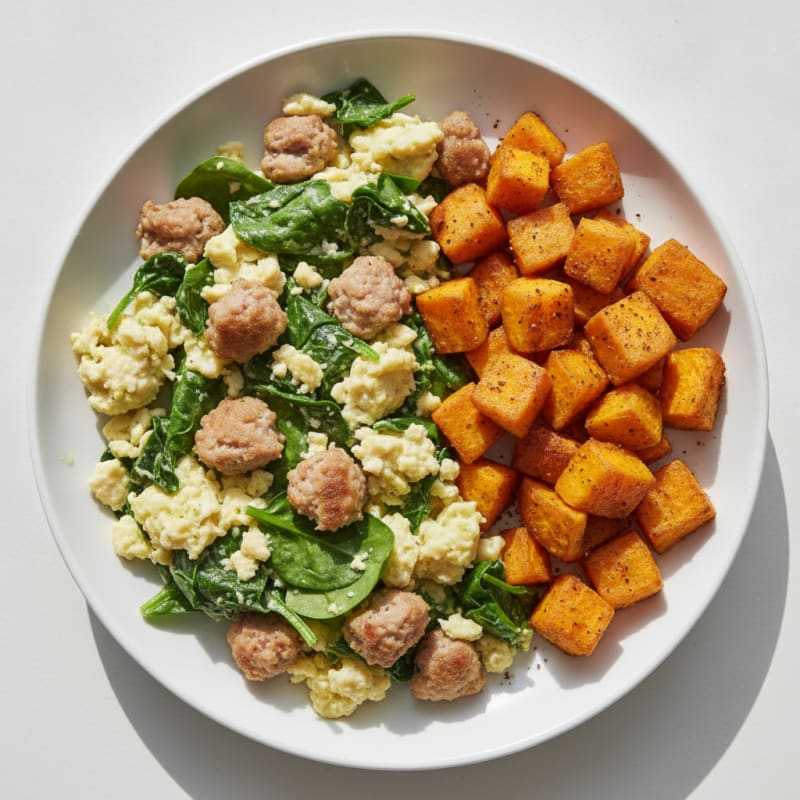 Egg White and Turkey Sausage Scramble with Spinach and Roasted Sweet Potato