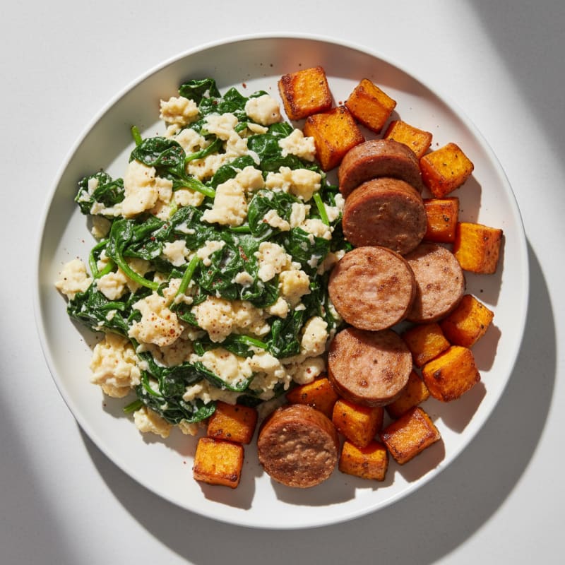 Egg White Spinach Scramble with Turkey Sausage and Roasted Sweet Potato