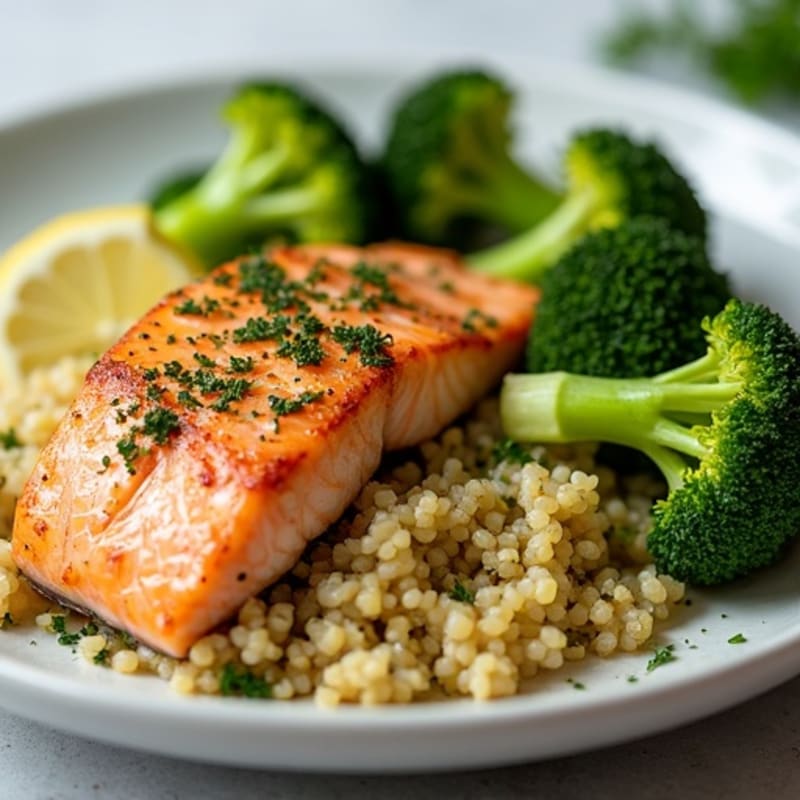 Flaky Pan-Seared Salmon with Lemon-Herb Quinoa and Crispy Roasted Broccoli