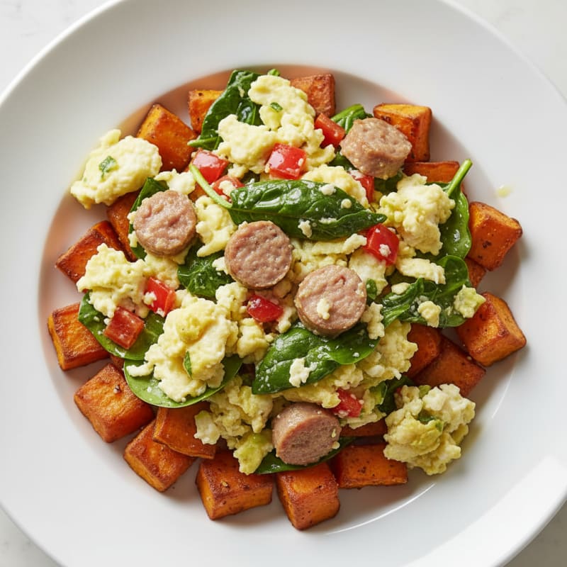 Egg White and Turkey Sausage Scramble with Roasted Sweet Potatoes