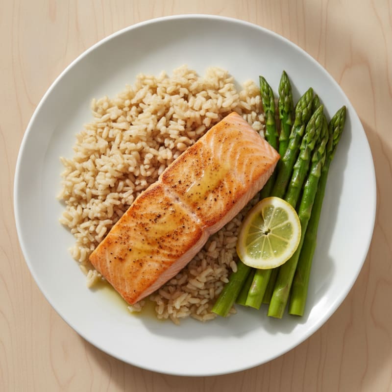 Seared Salmon with Steamed Asparagus and Brown Rice