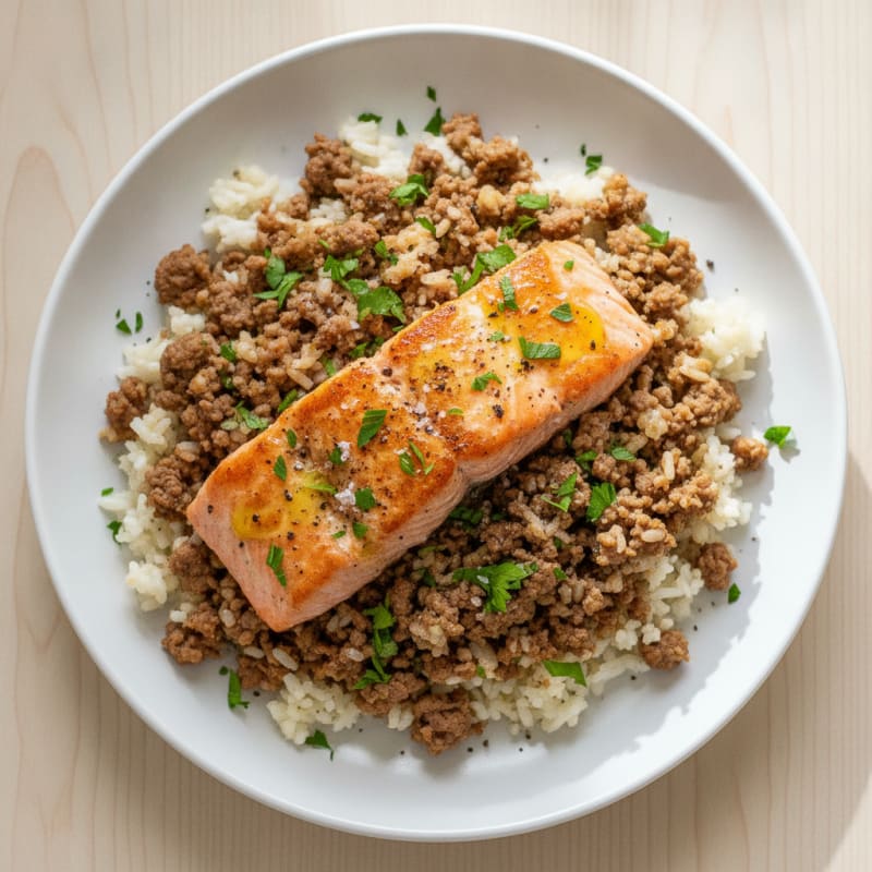 Pan-Seared Salmon with Lamb Cauliflower Rice