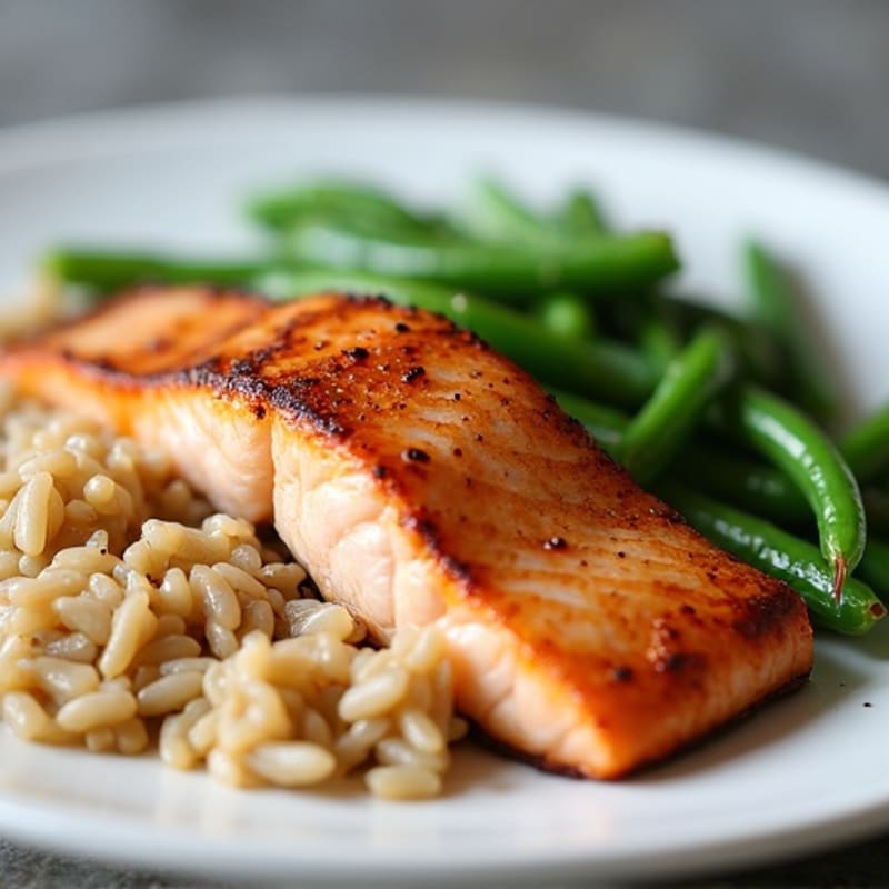 Seared Salmon with Steamed Green Beans and Brown Rice