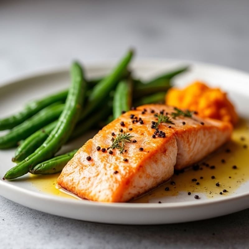 Seared Salmon with Garlic Green Beans and Sweet Potato Mash