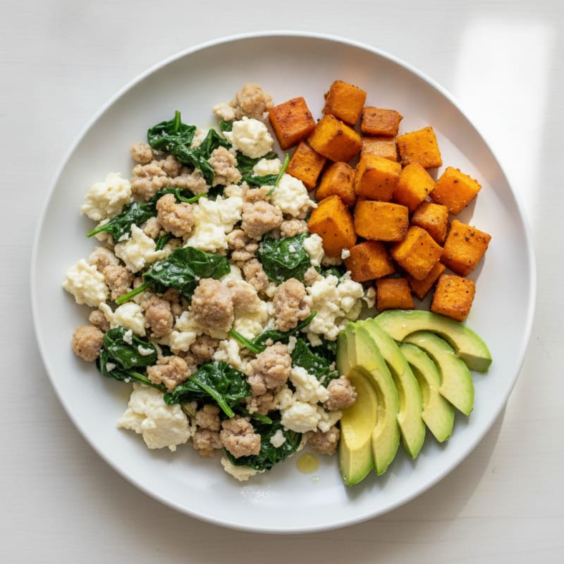 Egg White and Turkey Sausage Scramble with Sautéed Spinach