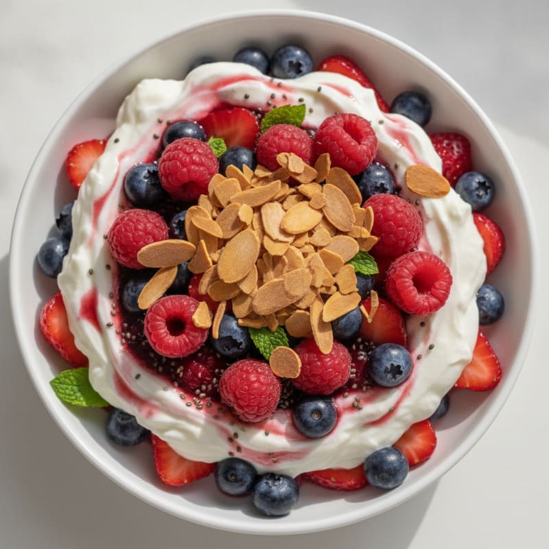 Greek Yogurt Protein Parfait with Mixed Berries and Almonds