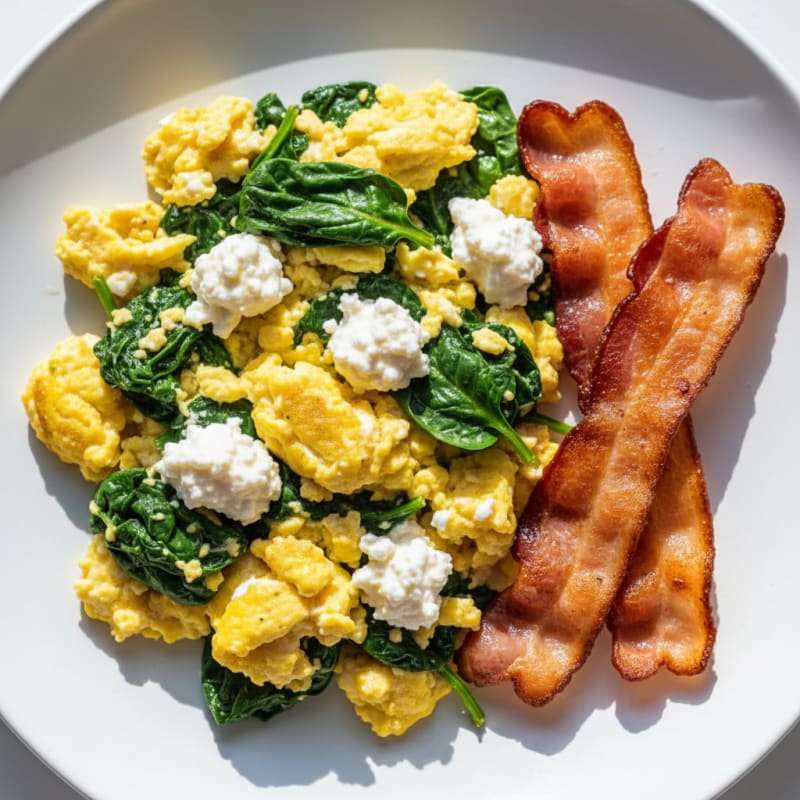 Cottage Cheese Egg Scramble with Spinach and Turkey Bacon