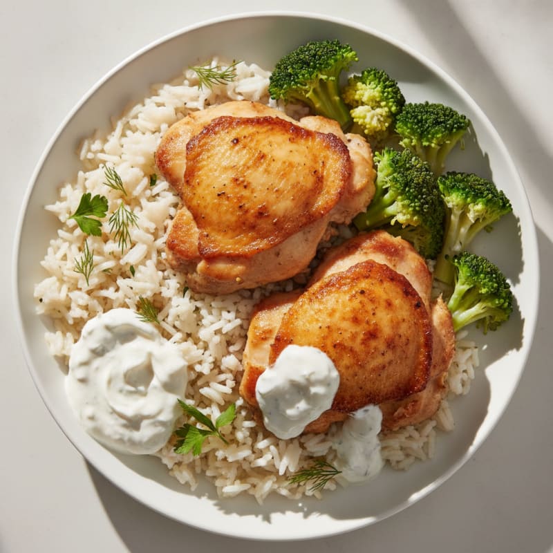 Crispy Chicken Thighs with Herb Rice and Steamed Broccoli