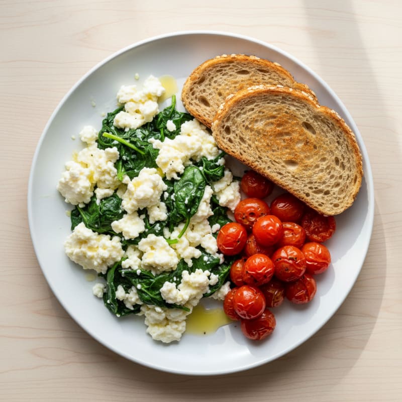 Egg White and Spinach Scramble with Cottage Cheese and Cherry Tomatoes