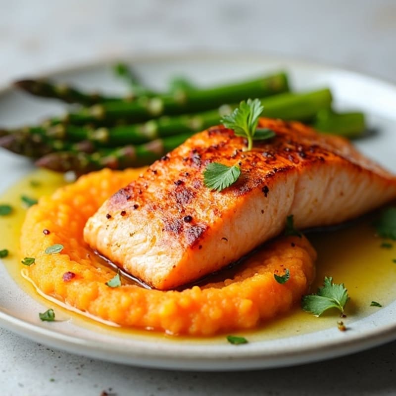 Seared Salmon Filet with Roasted Asparagus and Sweet Potato Mash