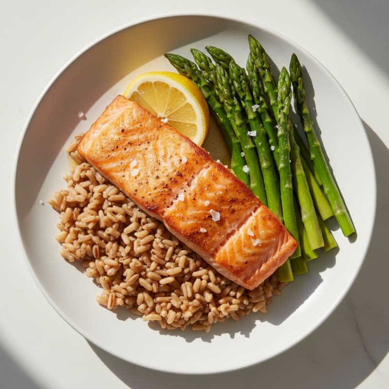 Seared Salmon with Steamed Asparagus and Brown Rice