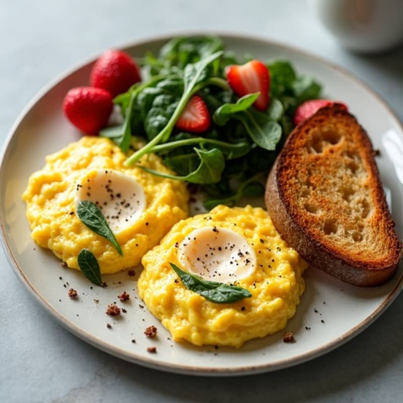 Fluffy Scrambled Eggs with Sautéed Spinach, Toasted Sourdough, and Strawberry Green Salad