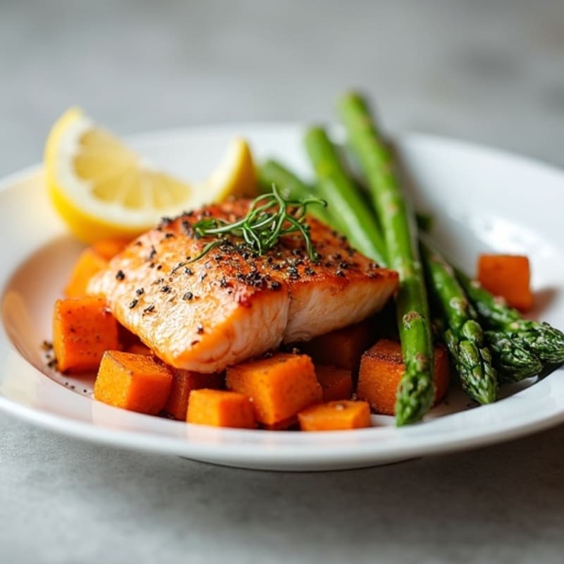 Seared Salmon with Roasted Sweet Potatoes and Asparagus