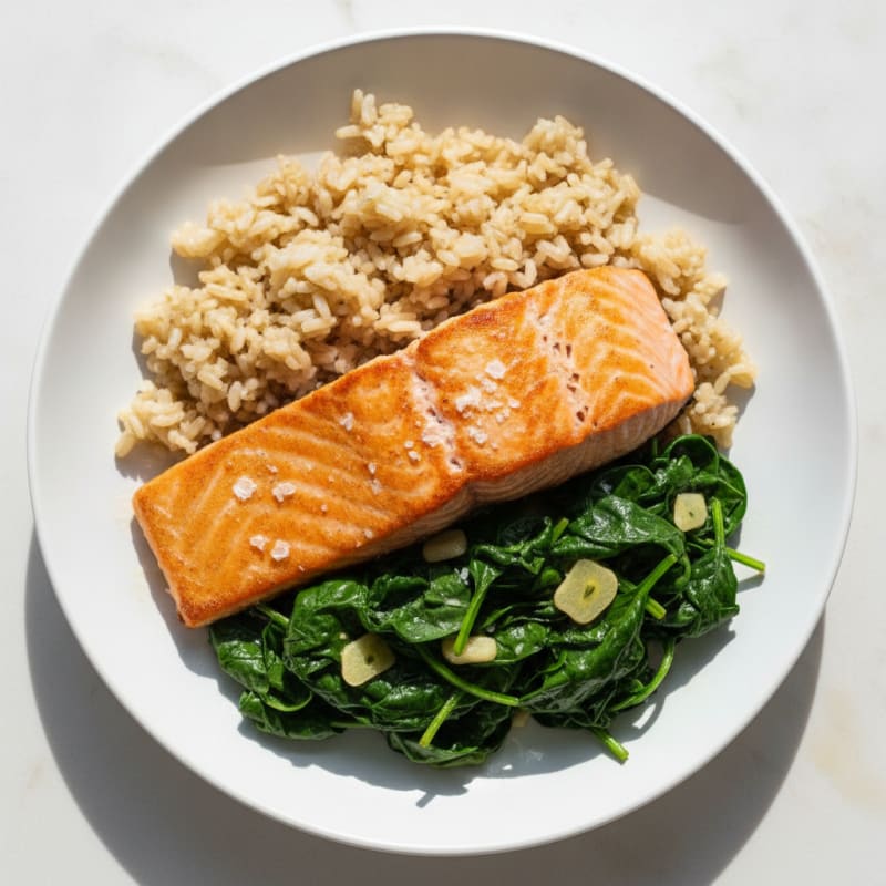 Seared Salmon Fillet with Garlic Spinach and Brown Rice