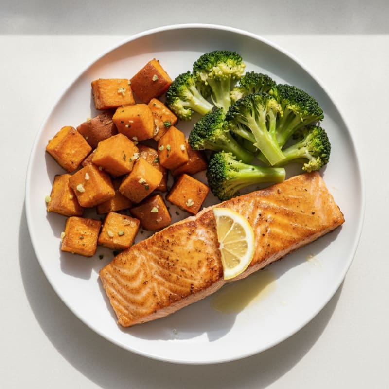 Seared Salmon Fillet with Steamed Broccoli and Garlic Roasted Sweet Potatoes