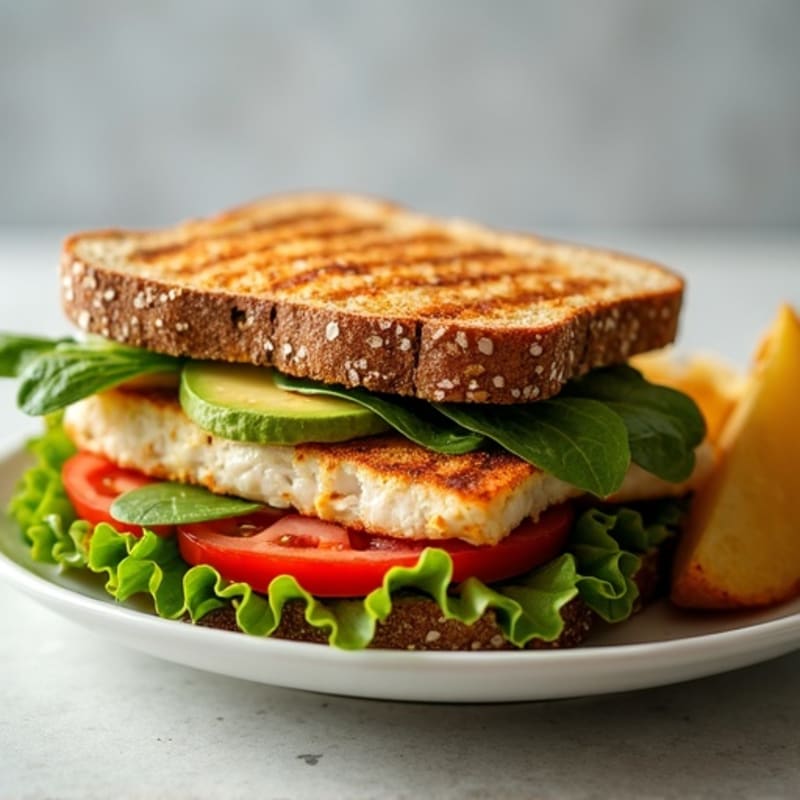 Grilled Chicken Breast Sandwich with Leafy Greens and Sliced Tomato on Whole Grain Bread (with Baked Potato Wedge)