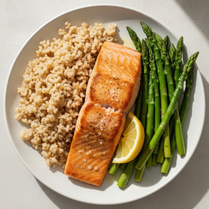 Seared Salmon Fillet with Steamed Asparagus and Brown Rice