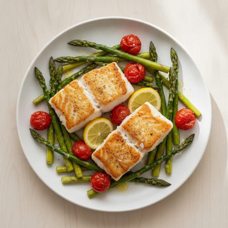Seared Cod with Roasted Asparagus and Cherry Tomatoes