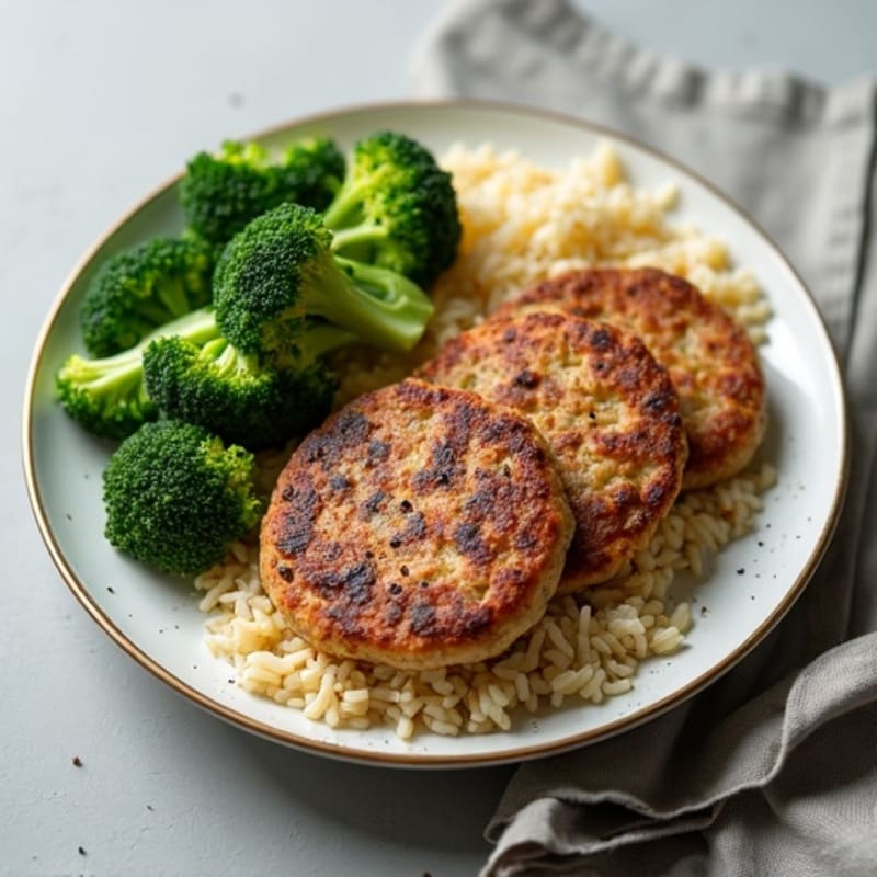 Seared Turkey Patties with Steamed Broccoli and Brown Rice