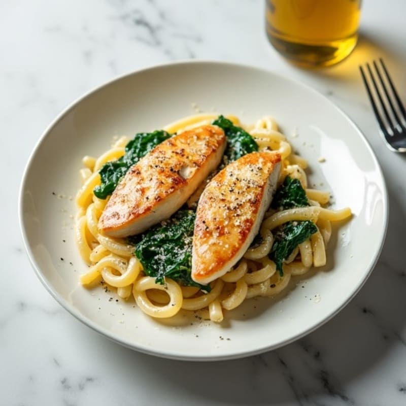 Creamy Lean Chicken Carbonara with Whole Wheat Pasta and Sautéed Spinach