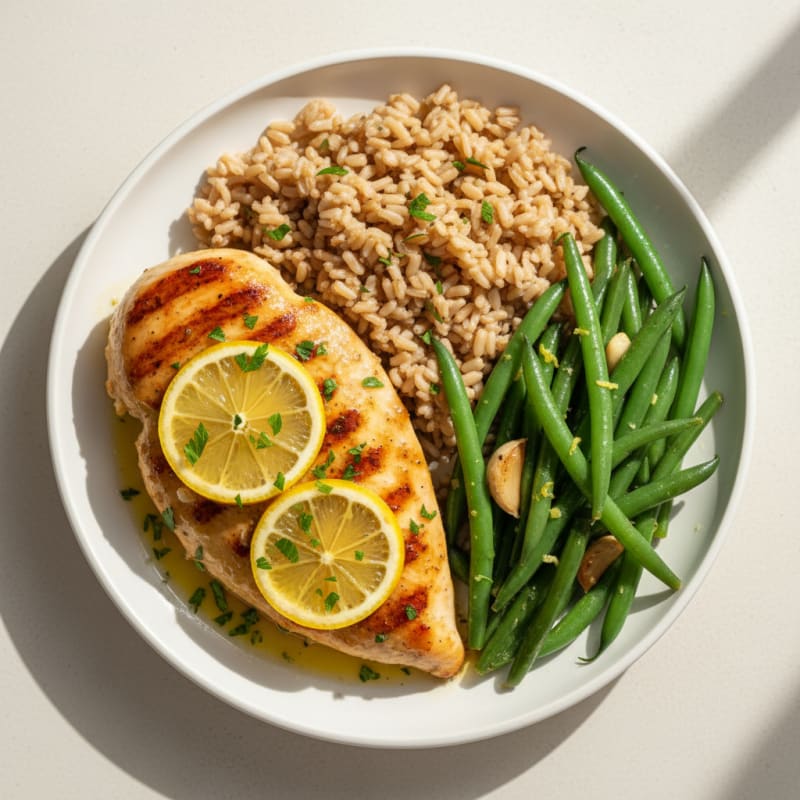 Lemon Garlic Chicken Breast with Steamed Green Beans and Brown Rice