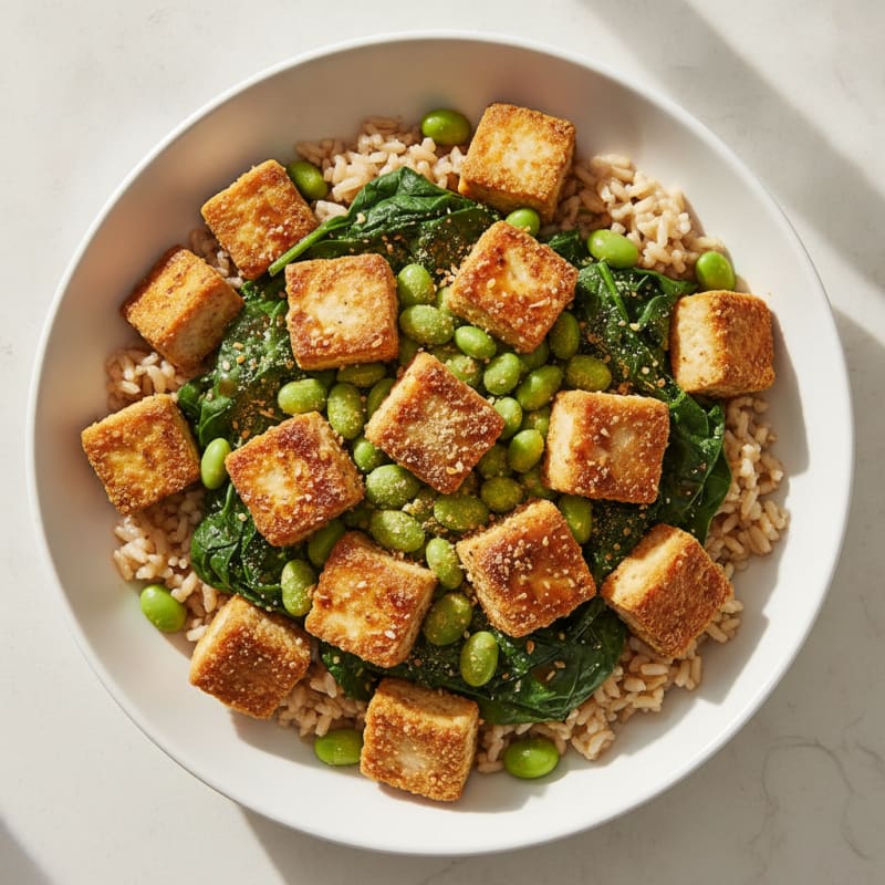 Crispy Tofu Spinach Rice Bowl