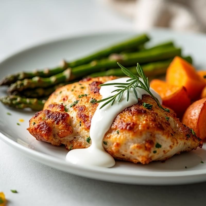 Crispy Baked Chicken Thighs with Roasted Asparagus and Sweet Potatoes