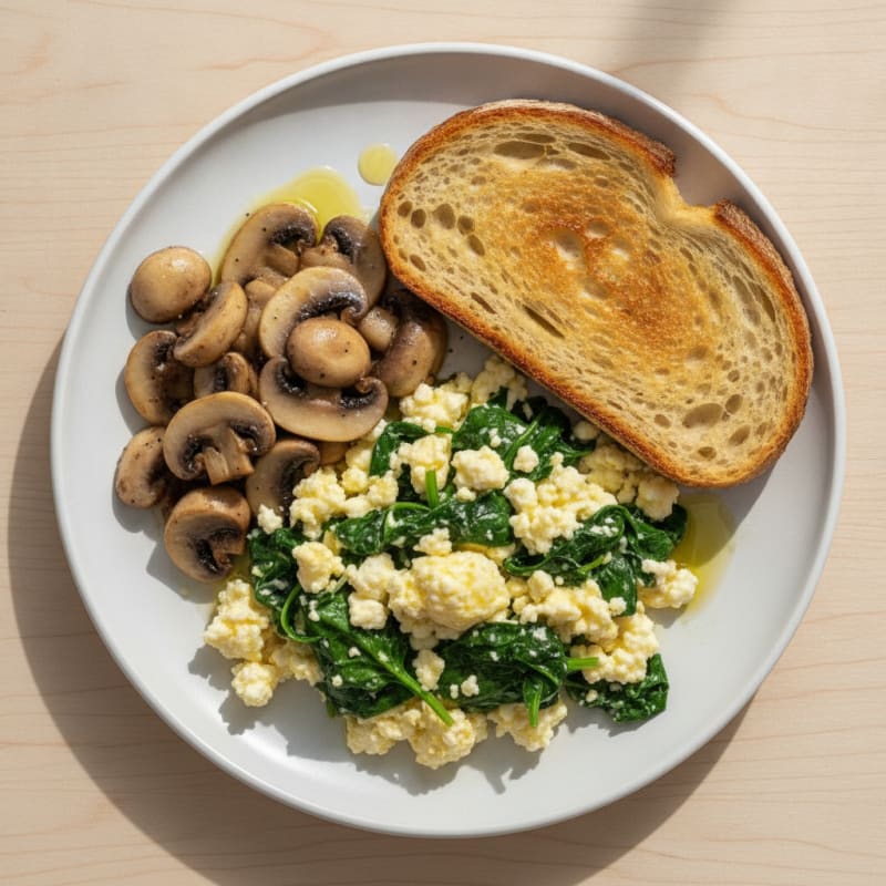Cottage Cheese Scramble with Spinach and Sautéed Mushrooms