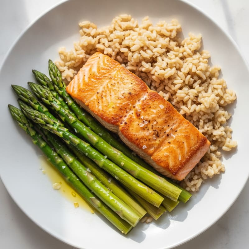 Seared Salmon with Steamed Asparagus and Brown Rice