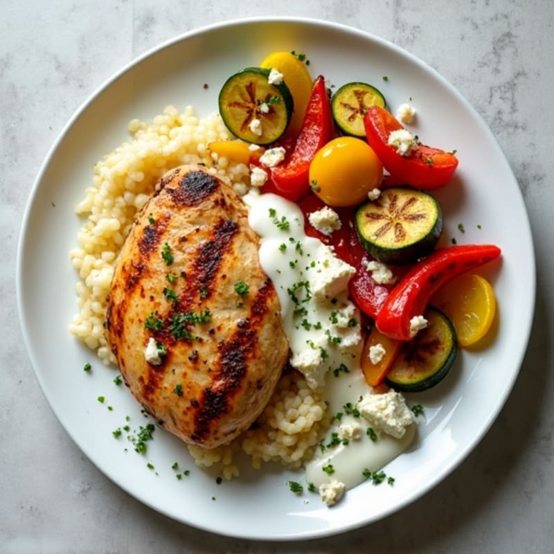 Lemon Garlic Pan-Seared Chicken with Roasted Vegetables and Creamy Feta Sauce