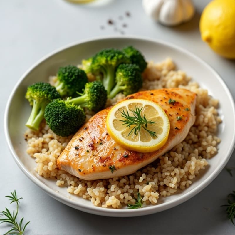 Pan-Seared Lemon Garlic Chicken with Roasted Broccoli and Brown Rice
