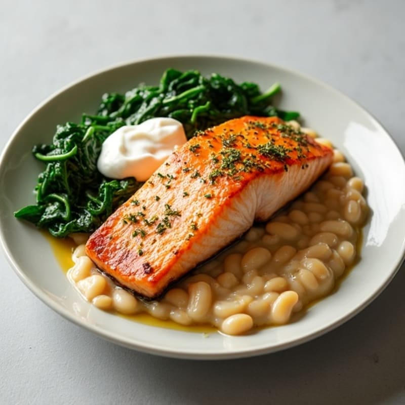 Seared Salmon Fillet with Creamy White Bean Mash and Sautéed Spinach