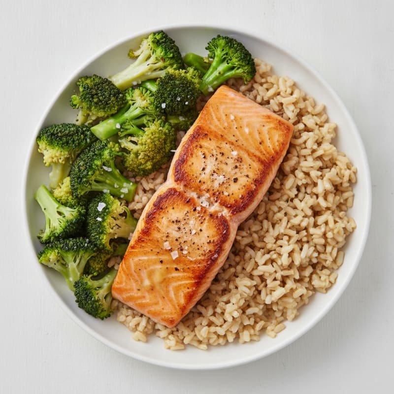 Seared Salmon with Steamed Broccoli and Brown Rice