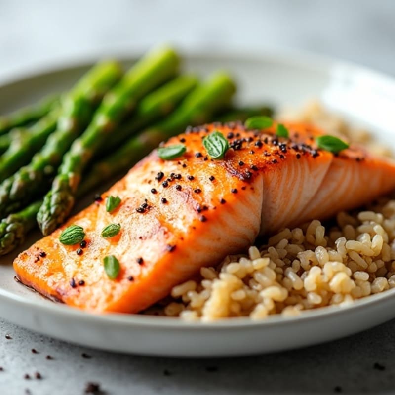 Seared Salmon with Steamed Asparagus and Brown Rice