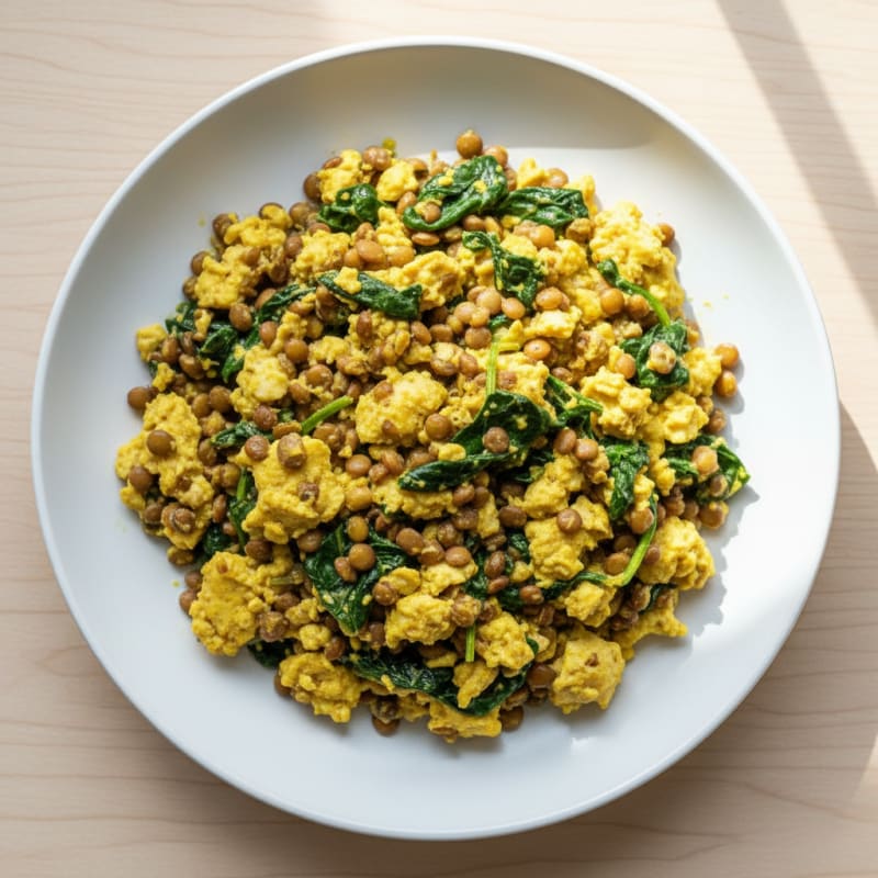 Silken Tofu Scramble with Lentils and Spinach