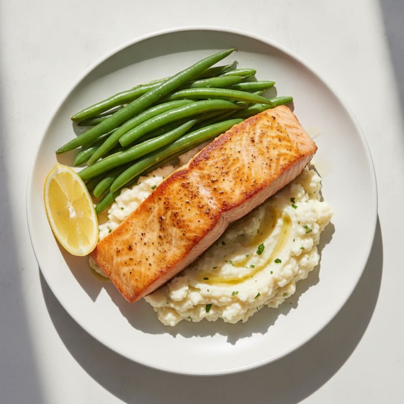 Seared Salmon with Steamed Green Beans and Garlic Mashed Cauliflower