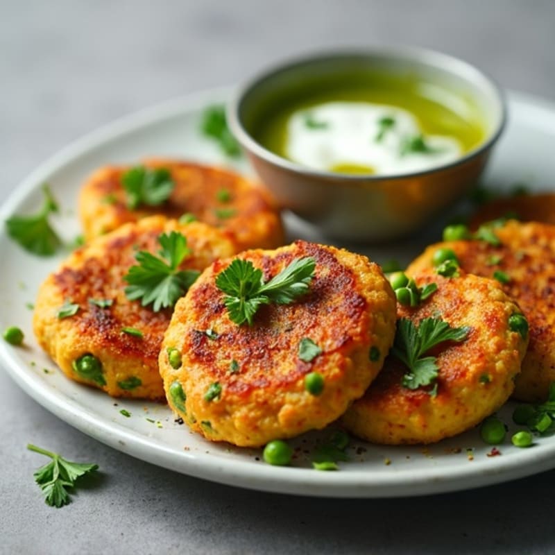 Crispy Baked Spiced Potato and Pea Patties with Fresh Cilantro Chutney