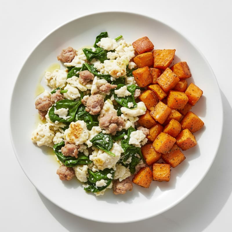 Egg White and Turkey Sausage Scramble with Spinach and Roasted Sweet Potato