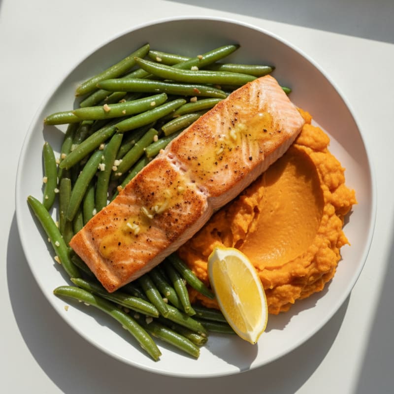 Seared Salmon with Garlic Green Beans and Sweet Potato Mash